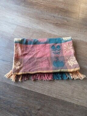 Autumn Plaid Fall Leaves & Pumpkin & Acorn Print Woven Table Runner w/Fringe